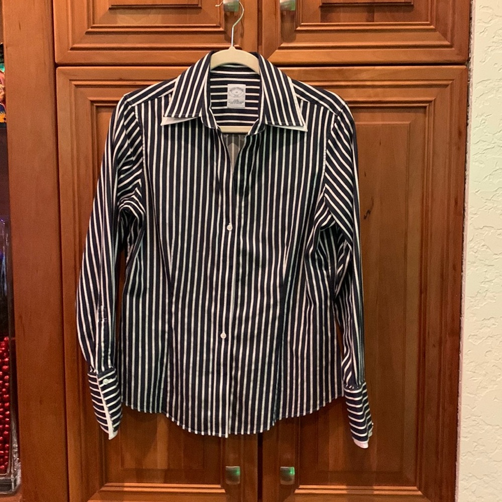 Brooks Brothers Navy & White striped button down shirt, double collar an…